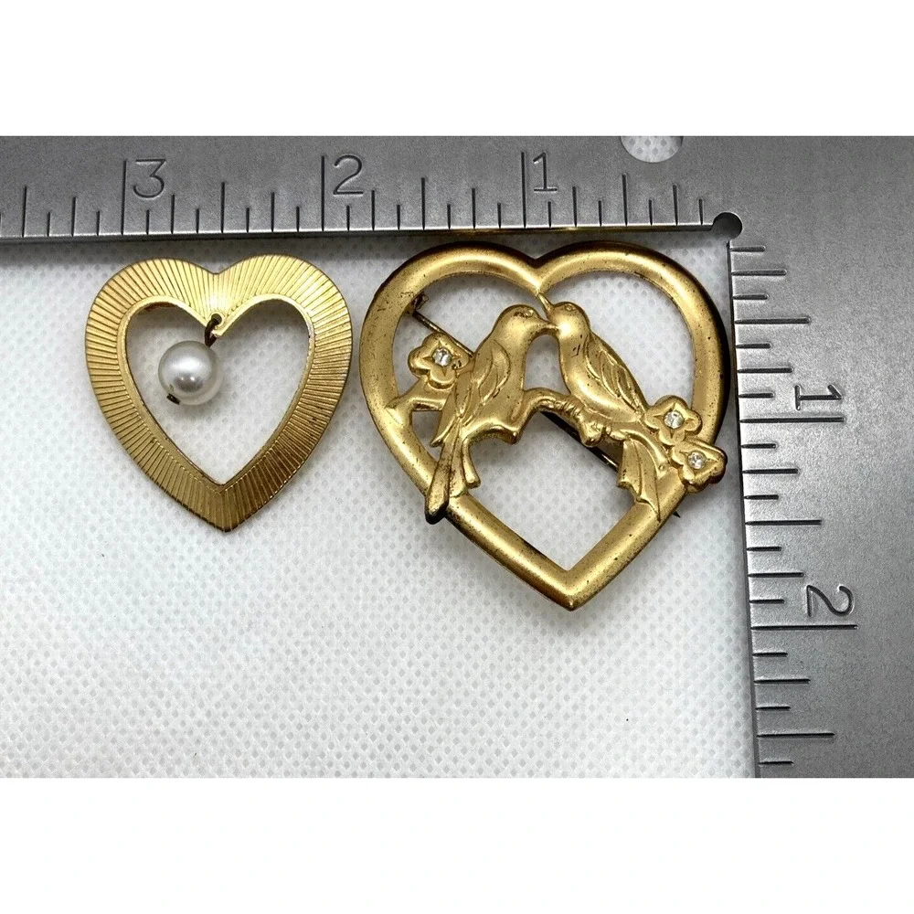 Vintage Lot of 4 Gold Tone Silver Tone Heart Brooch Birds Rhinestone Faux Pearl